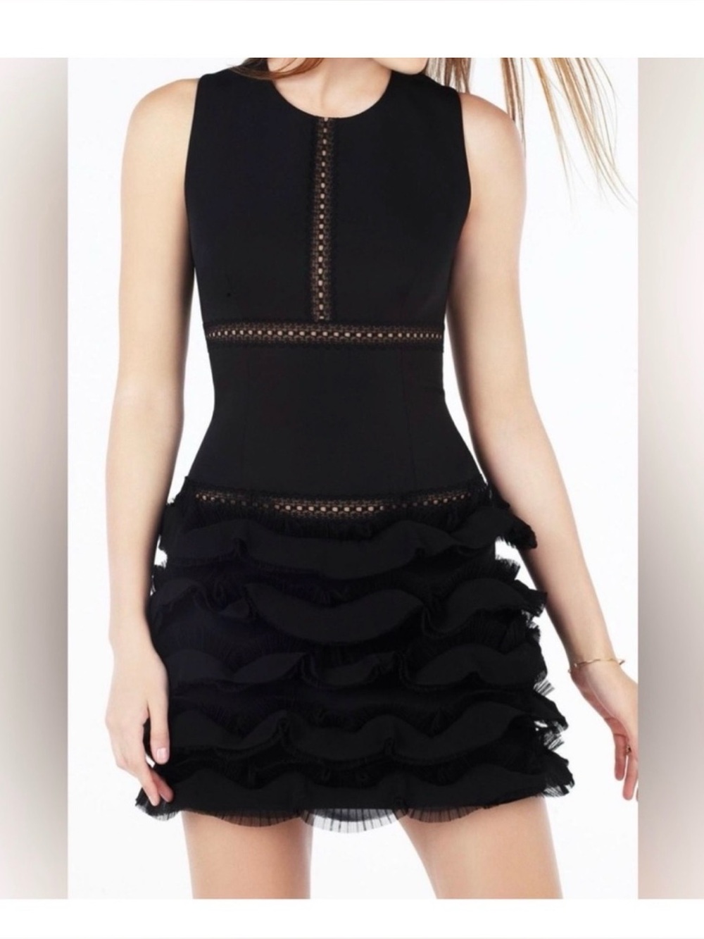 NWT BCBGMAXAZRIA Maile Lace Crepe Frilled Dress Black Size 0